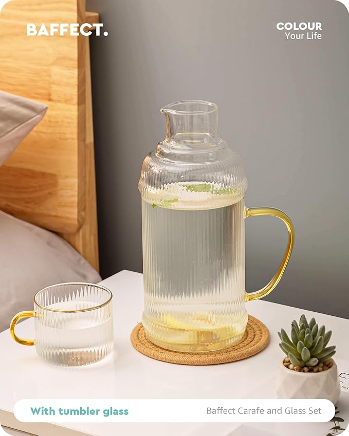 Baffect Bedside Water Carafe And Glass Set, High Borosilicate Glass Pitcher For Hot Or Cold Beverage, 68oz Water Bottles With 10 Oz Tumbler For Nightstand, Kitchen, Mouthwash Dispenser For Bathroom