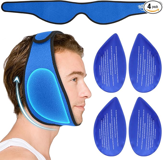 Hilph Face Ice Pack Wisdom Teech Ice Pack Head Wrap for Facial Oral Surgery Pain Relief for TMJ, Jaw Ice Wrap with 4 Hot Cold Gel Packs Reusable for Tooth Extraction & Teeth Removed, Tonsil Blue