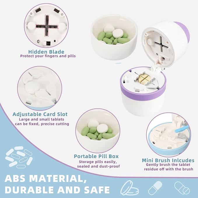 Pill Cutter Splitter for Small or Large Pills, Profesional Pill Cutter 1/4 & 1/2 Divider, Includes Storage Compartment, Accurate and Easy Cutting for Tablets, Vitamins