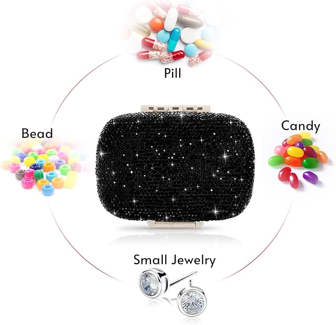 Soleebee Portable 8 Compartments Daily Pill Organizer, Bling Crystal Diamond Pill Box, Small Travel Pill Case, Pill Dispenser, Medicine Container Organizer to Hold Vitamin, Fish Oil (Black)