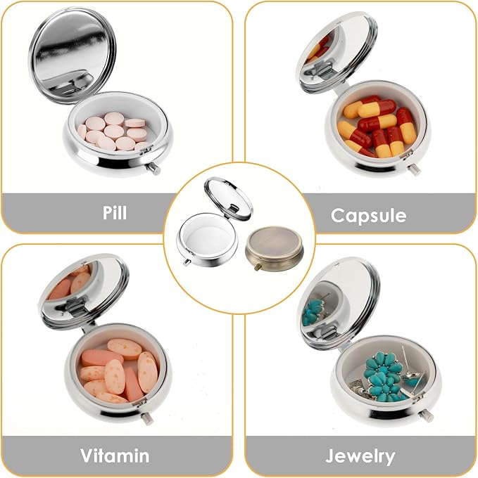 2Pcs Pill Box Small Pill Case for Purse or Pocket, Portable Cute Pill Container Metal Pill Box Decorative Medicine, Vitamin, Fish Oil and Supplements Holder Organizer
