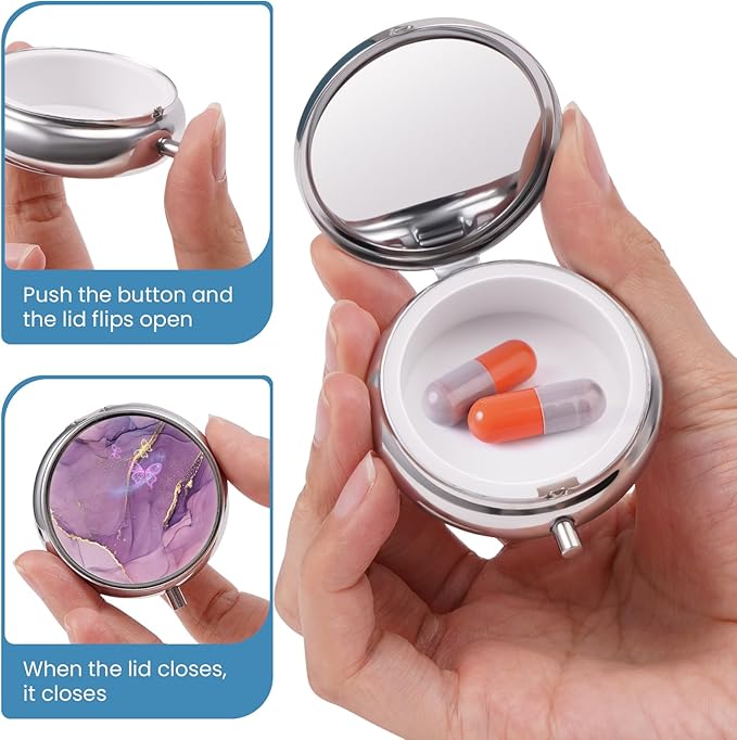 Mini Pill Box, Small Pill Box, Portable Pill Box, Cute Pill Organizer for Vitamins, Medications, Fish Oil and Supplements (Purple Marble)