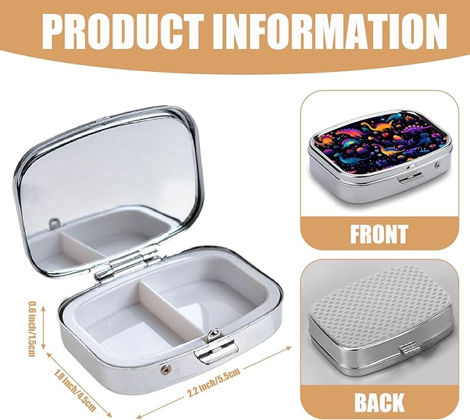 Pill Box-2 Compartment Small Pill Case Square Organizer Case with Mirror Portable Metal Medicine Box Travel Container for Pocket & Purse Women Men(Colorful Dinosaur)