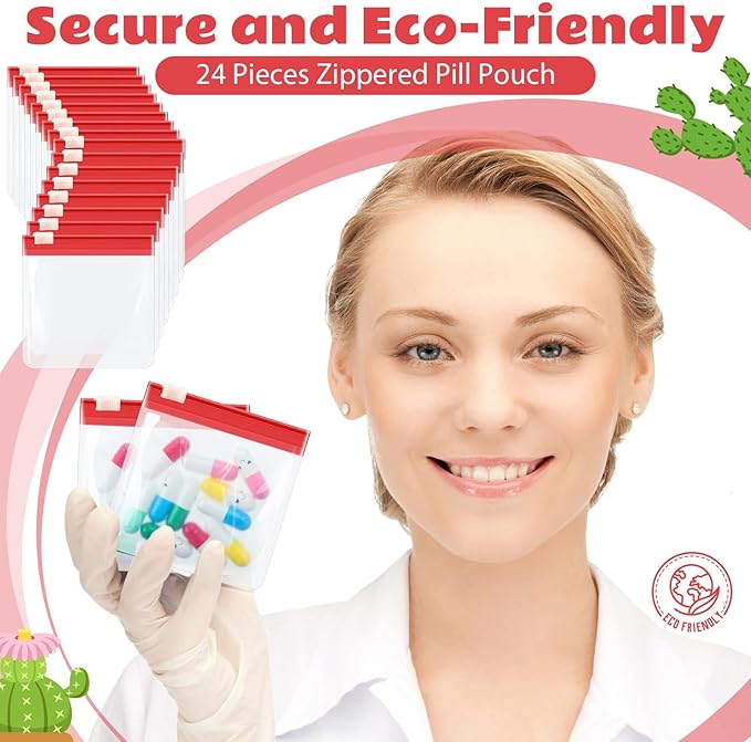 24 Pieces Pill Pouch Bags Zippered Set Reusable Translucent Medicine Organizer Sealing Travel Plastic Bags with Slide Lock for Storage(Red)