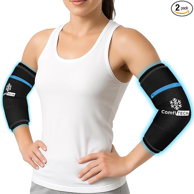 ComfiTECH Dual-Gel Elbow Ice Pack Wrap with Extended 30-Minute Cooling, Detachable Ice Pack & Flexible Reusable Gel Ice Sleeve for Tennis Elbow, Golfer Arm, Muscle Relaxation, Medium, 2 Packs