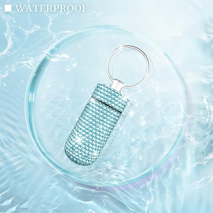 Yuchew Bling Pill Case Pill Container Rhinestone Pill Box Portable Waterproof Pocket Pill Holder Storage Bottle with Keychain for Travel, Outdoor, Camping (Lake Blue)