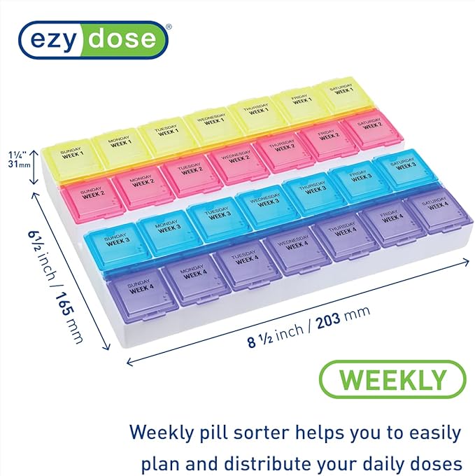 EZY DOSE Monthly (28-Day) Pill Case, Daily Medicine Planner, Vitamin Organizer, Supplement Container, One Month, Large Contoured Compartments, Convenient and Easy to Use, Colored Lids, BPA Free