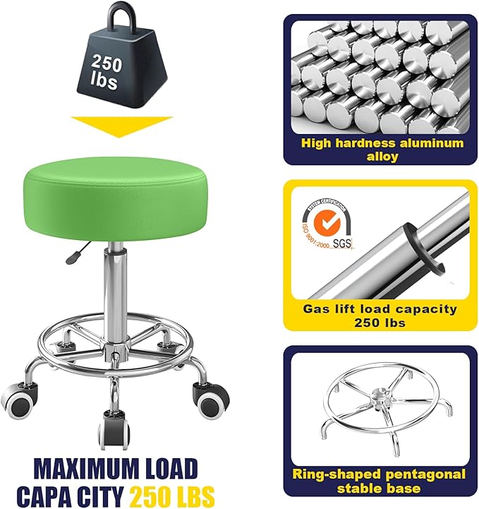 Rolling Stool, Heavy Weight Capacity 250lb, PU Leather Rolling stools, Ultra Soft Padded Seat, Rolling Stools with Wheels and Footrest, 360° Swivel, Spa Drawing Salon Work Office Tattoo Stool (Green)