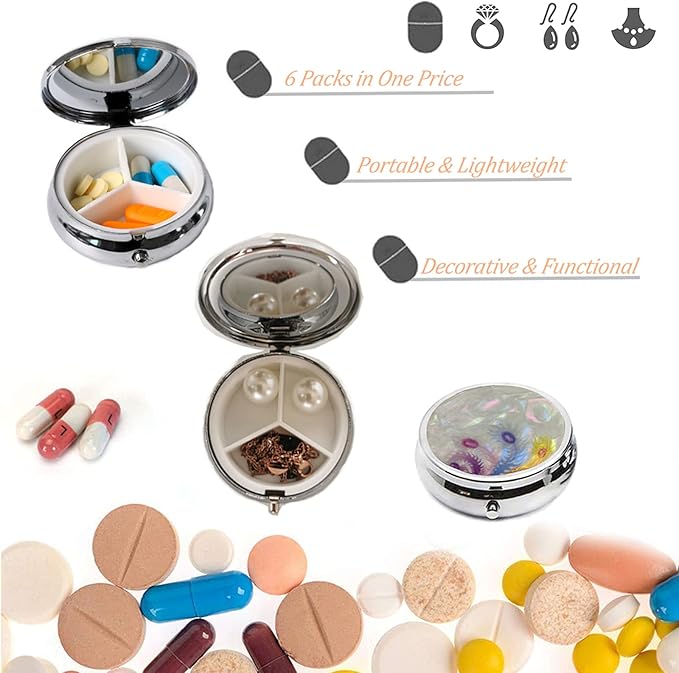 6Pcs Elegant Pill Box Case, CREATIEE-PRO Portable Medicine Tablet Vitamin Holder Organizer with 3 Component for Purse Pocket Travel - Practical & Fashionable