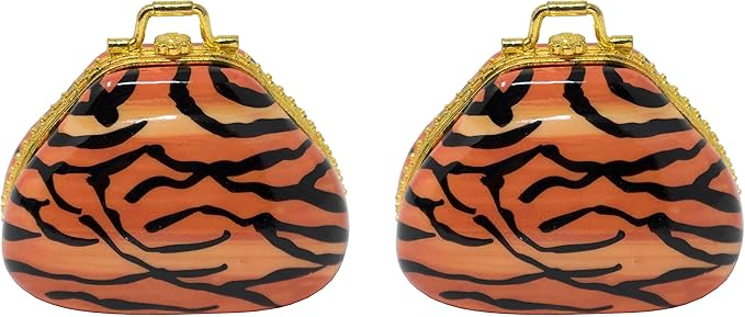 Set of 2 Ceramic Purse-Shaped Compact Pill Box & Organizer (Tiger)