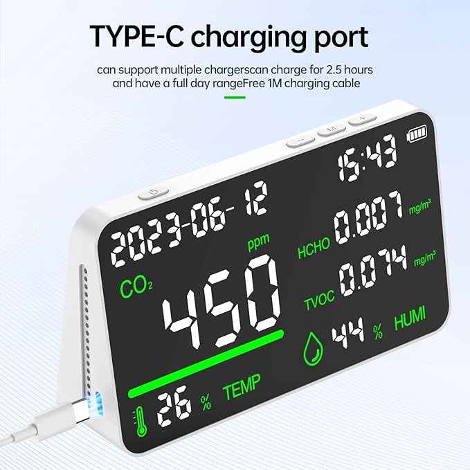 CIS 7-in-1 Air Quality Monitor, Indoor Humidity Monitor, Temperature, CO2, TVOC, HCHO, Time, Date Display Desktop Air Quality Tester, Air Quality Meters for Home Office Hotel Restaurant School