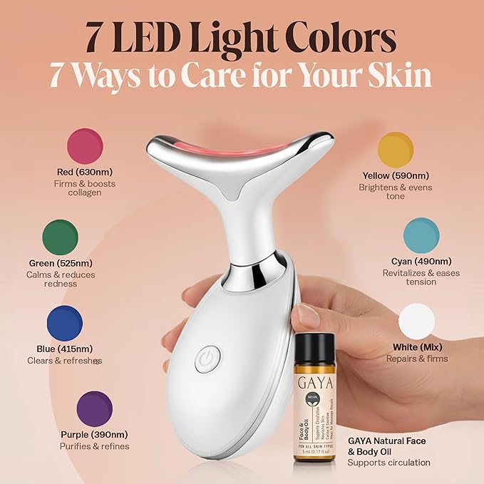 Red Light 7 in 1 LED Face and Neck Massager – Beauty Wand with Gentle Warmth & Vibration for a Relaxing Skincare Routine, Includes Face Oil & Type-C Charging
