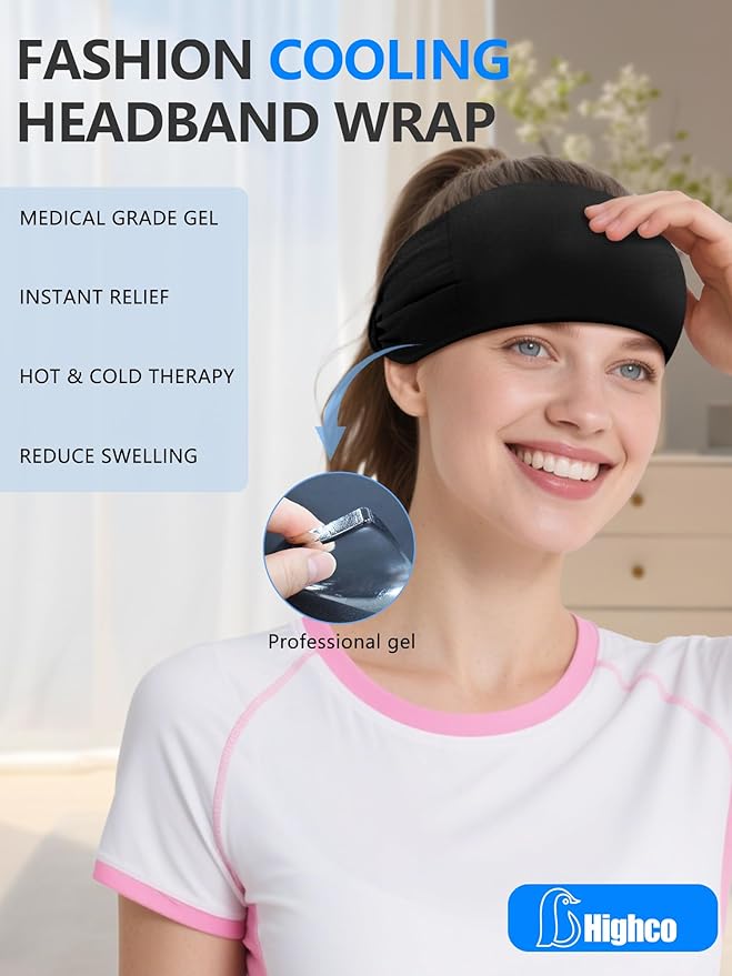 Migraine Relief Cap,Soothing Headache Migraine Hat Ice Head Wrap,Hangover Cap Face Mask Cold Compression for Tension,Puffy Eyes,Stress,Sinus,Black
