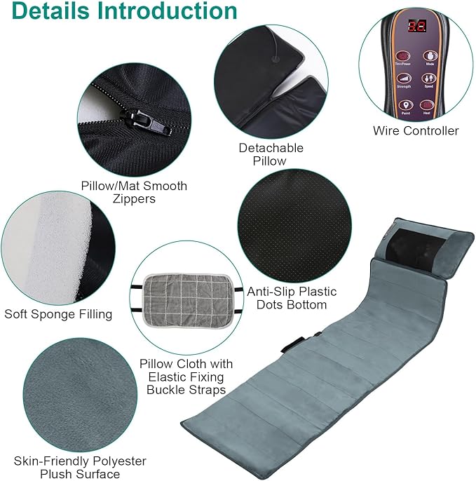 Electric Massage Mat Full Body Massage Ergonomic Vibration Mattress Chair Pad Anti-Slip Massage Cushion with Heat Massage Pad 10 Vibration Motors Timer Earplugs for Bed Chair