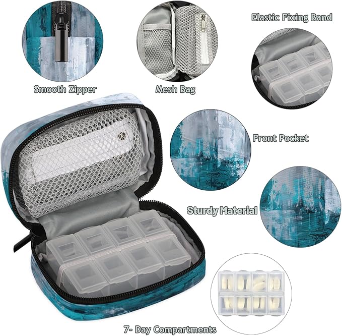 Abstract Turquoise Gray Travel Pill Organizer Box Weekly Portable Pill Case Daily Pills 7 Day Small Birth Control Pills Container Removable Compartments for Medicine Vitamins Fish Oil