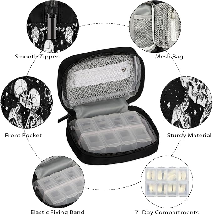 Black Romantic Skull Pill Case Travel Pill Organizer Weekly 7 Day Portable with Zipper Medicine Box Pill Case for Vitamins, Birth Control,Fish Oils,Medication, Supplements