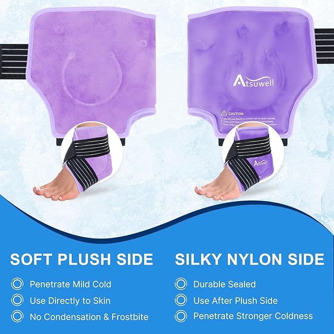 Atsuwell Ankle Ice Pack Wrap, Reusable Gel Ice Cold Packs for Ankle Foot Heel, Foot Ice Wrap with Soft Plush Lining, Cold Compress Therapy for Soothing Discomfort, Purple