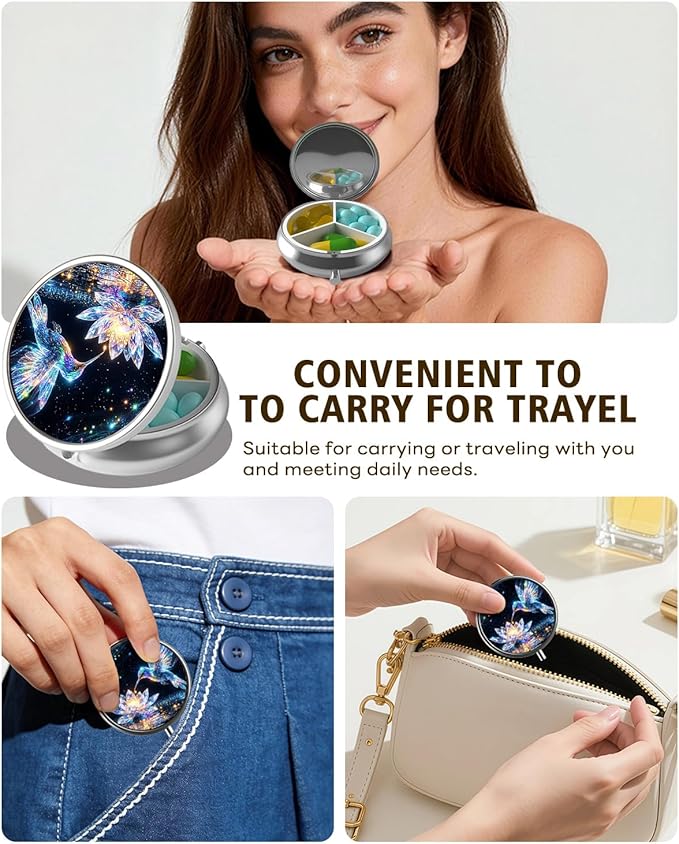 LRITER Pill Case, Portable Travel Pill Box, Pillbox Organizer, Cute Small Medicine Storage Container, Purse Accessories for Women, Men (Lotus Bird)