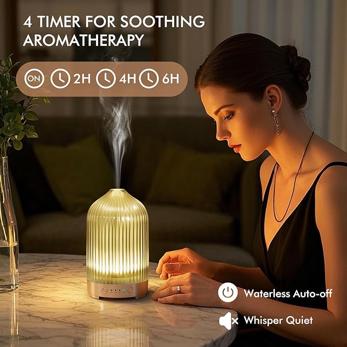 Glass Essential Oil Diffuser 200ml-Ultrasonic Aroma Diffuser with Glass Dome, Aromatherapy Diffuser with 4 Timers 7 Color LED Lights Auto Shut-Off Protection for Home Office Yoga Gift for Women
