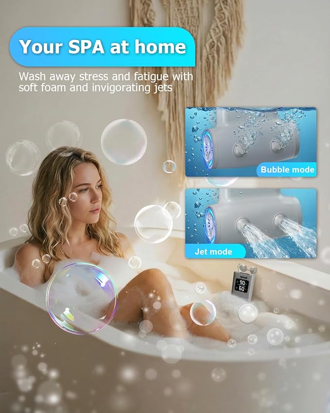 Portable Bath Jets for Tub: Jet Spa for Bathtub with 5-Speed,Bath Jet/Bubble Mode, IPX8 Waterproof, LED Screen,Rechargeable Bathtub Jets with 8 Suction Cups, Birthday Gifts for Women - Beige
