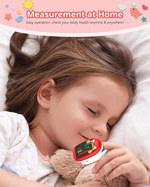 Pulse Oximeter for Kids (Aged 2-12) Rechargeable Children Oxygen and Heart Monitor Fingertip Blood Oxygen Meter Lanyard Portable Digital Oxygen Saturation Monitor (red)