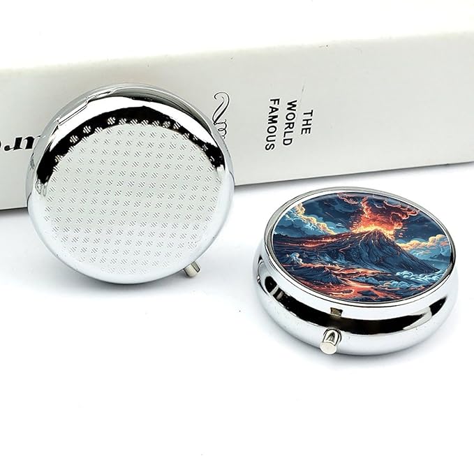 Depicts A Volcano Pill Box Travel Pill Case for Purse Pocket Weekly Medicine Organizer with Mirror 3 Compartment Round Medicine Case Portable PillcaseHolder for Daily