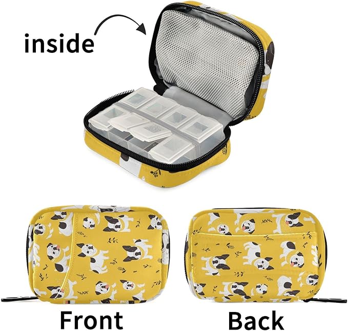 Pill Organizer Box Case Weekly Travel Pill Container Holder 7Day Cute Vitamin Organizer Dispenser Sorter Planner Storage Small Compact French Bulldog Banana Happy Yellow12