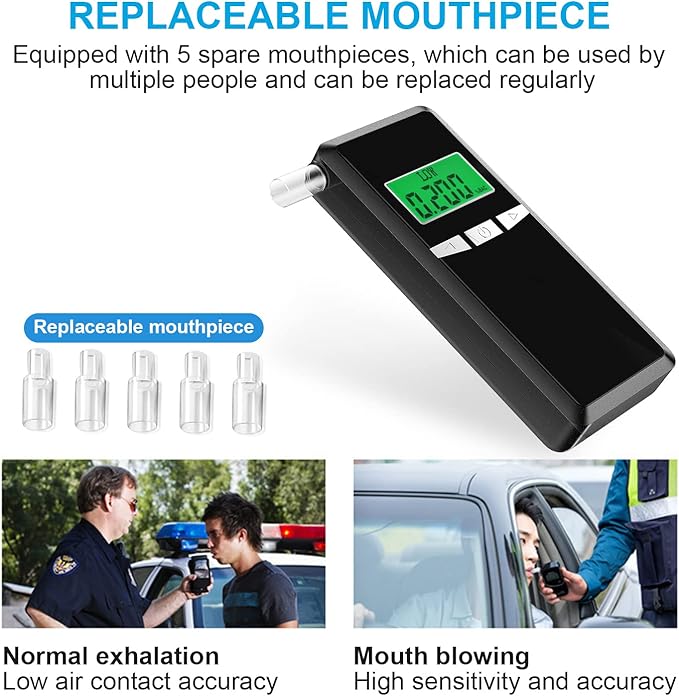 Breathalyzer, Upgraded Alcohol Tester with Blue LCD Digital Display, Portable Alcohol Tester for Home or Party Use with 10 Mouthpieces