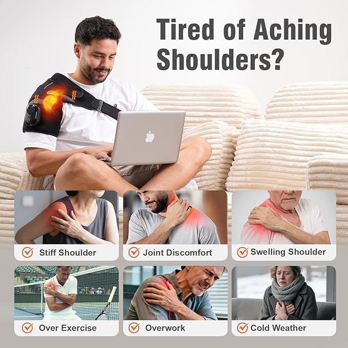 Cordless Shoulder Heating Pad with Detachable Remote, 5 Heat and 5 Vibration Heated Shoulder Wrap, Shoulder Brace Massager for Pain Relief, Warm Gifts for Women Men