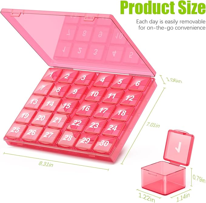Monthly Pill Organizer Once a Day - 30 Day Pill Organizer Box - Easy to Open - Large Compartments Portable Case for Travel, Month Pill Cases Medicine Organizer for Vitamin (Pink)