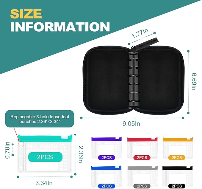 A7 Waterproof Pill Organizer with 14 S Zippered Pill Pouches for A7 Binder, Small BPA-Free Weekly Medicine Organizer, Color-Coded Reusable Travel Pill Storage System