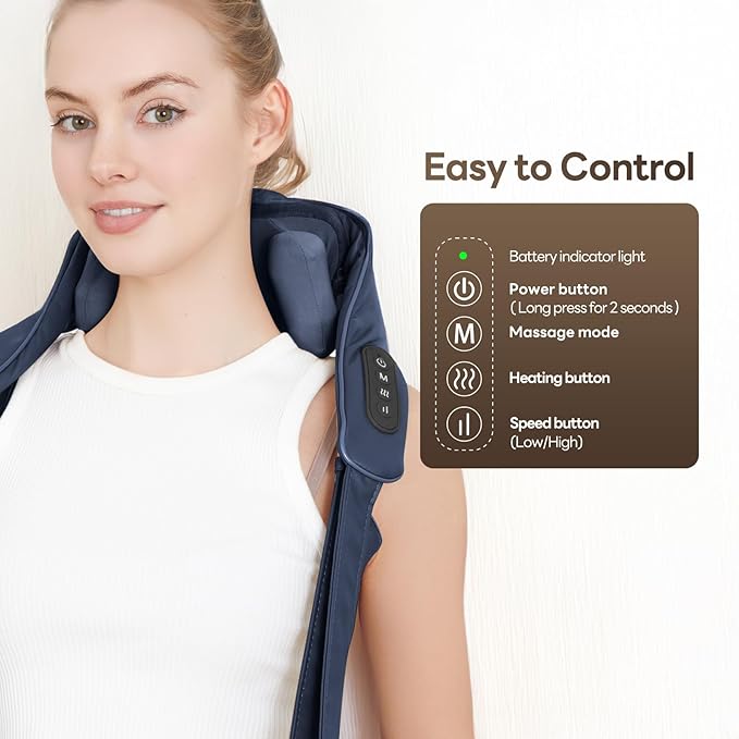 Neck Massager with Heat for Pain Relief Deep Tissue,6D Shiatsu Kneading Massage,Cordless Rechargeable for Neck,Shoulder,Christmas Gifts for Women/Men/Mom/Dad(PU-Dark Blue)