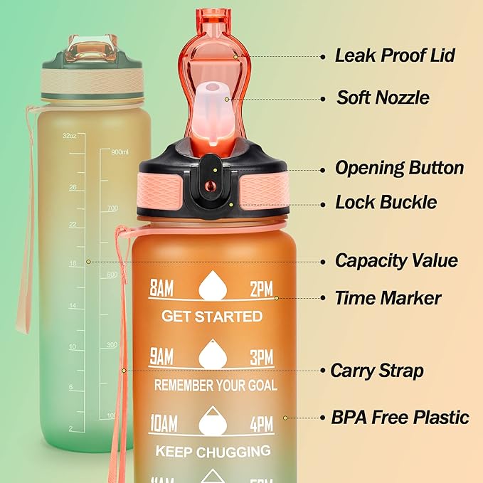 Motivational Water Bottle with Time Marker - 32oz, Leak-proof BPA Free Sports Water Bottles with Straw & Carrying Strap