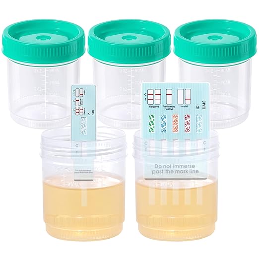 Easy@Home Specimen Test Cups with Screw-on Lids, Leak-proof Urine Collection Containers, for Test Strips and Kits, 3OZ Large Volume, 5 Pack