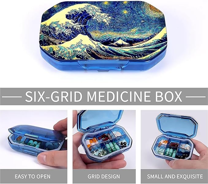 This Portable Starry Wave Pattern 6-Compartment Pillbox Can Be Placed in A Pocket Or Wallet to Store Vitamins, Medicines Fish Oil Health Supplements Other Medications.