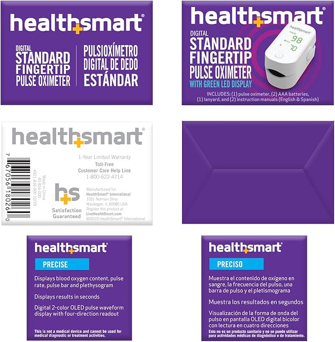 HealthSmart Pulse Oximeter for Fingertip That Displays Blood Oxygen Saturation Content, Pulse Rate and Pulse Bar with LED Display, Accurate and Reliable, Green