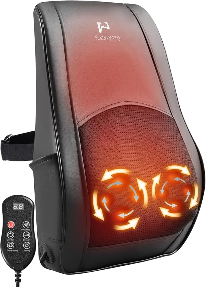 Firebrighting Electric Back Massager with Heat for Office Chair - Shiatsu Deep Kneading Massage Pillow, Back Comfort Support for Meetings and Reading, Adjustable Strap,Gifts for Dad Mom Men Women