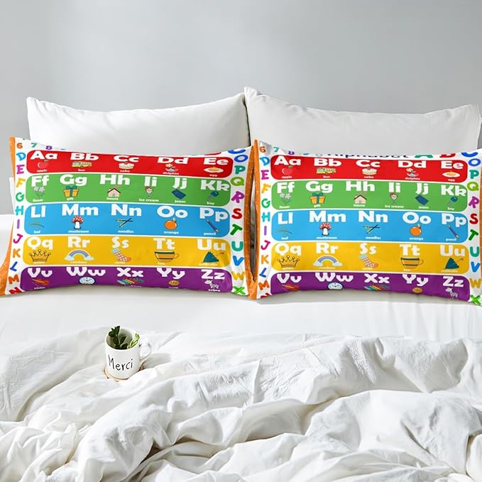 ABC Alphabet Bed Sheet Set Full Size, Learning Alphabet Fitted Sheet Kids Toddler Educational Bedding Set Word Educational Bed Cover (2 Pillow Cases and a Fitted Sheet)