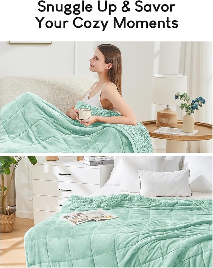 Cottonblue Weighted Blanket for Adults 20 lbs Queen Size 60x80 inches, Cozy Flannel Sherpa Weighted Throw Blankets Comfortable for Calming and Relax, Shaggy Fleece Bed Sofa Heavy Blankets, Dusty Green