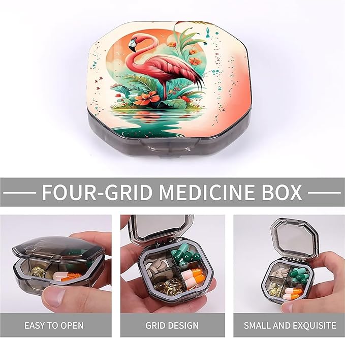 This Portable Flamingo Flower Pattern 4 Compartment Pill Box Can Be Placed in A Pocket Or Wallet to Store Vitamins, Medicines Health Supplements Other Medications.