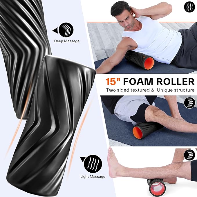 Sportneer 4 in 1 Foam Set, Muscle Relax Kit with 2 Textured Foam Pilates Rollers, Stringed Exercise Ball, Lacrosse Ball for Muscle Shoulder Back Leg Whole Body Relax Fitness Yoga