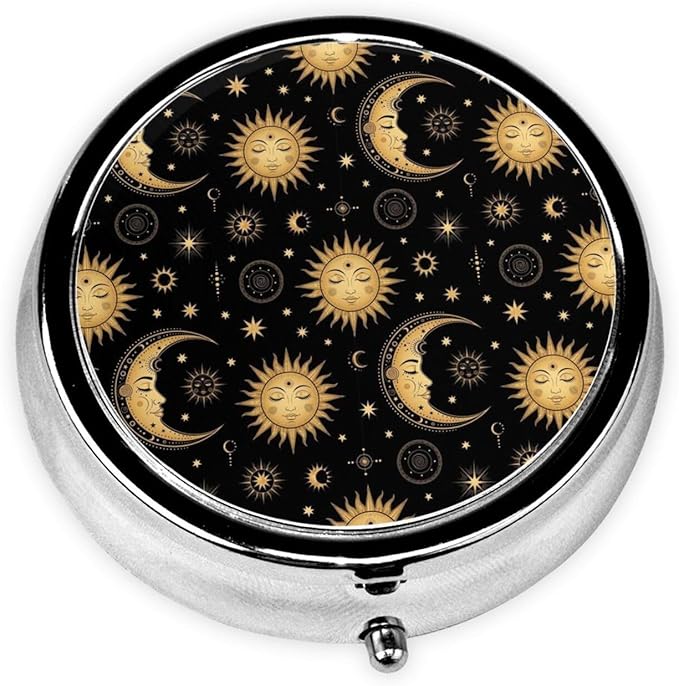 Small Pill Box, Waterproof Portable Daily Small Pill Case for Purses Pocket Compact Travel Medicine Holder for Vitamins,Fish Oils, Supplements, Sun Crescent Moon Stars Astrology Tarot Cards