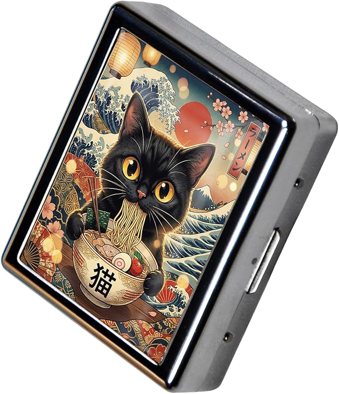 Metal 7 Day Pill Organizer, Weekly Pill Case 8 Compartments, Travel Pill Box for Purse & Pocket, Small Medicine & Vitamin Organizer, PP Dividers, Secure Clasp (Ramen Cat)