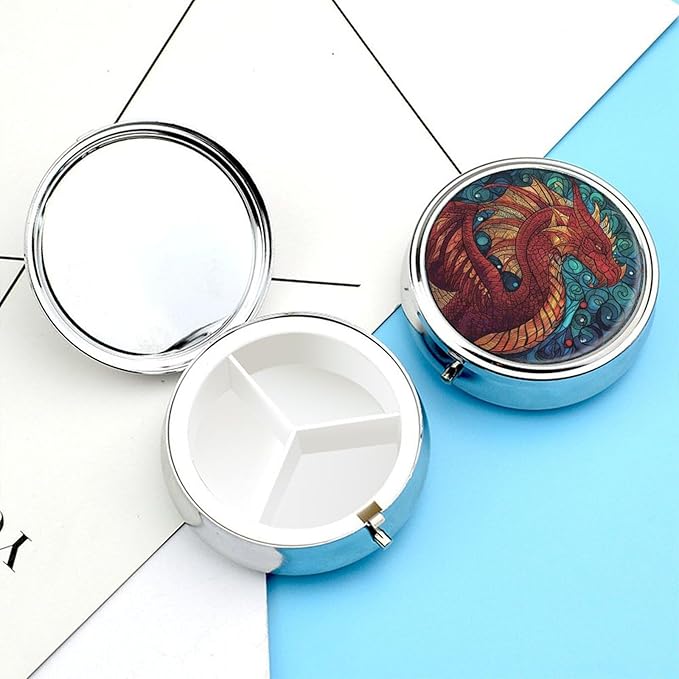 Transparent 3-Compartment Medicine Pill Case, Portable Round Pill Box for Pocket or Purse, Decorative Metal Medicine Vitamin Organizer. (Dragon)
