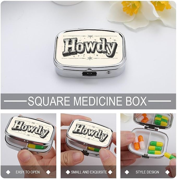Howdy Western Pill Box 2 Compartment Portable Medicine Pill Case Travel Pill Organizer for Pocket Purse