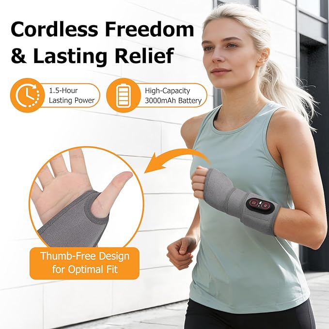 Carpal Tunnel Wrist Massager with Heat, Heated Wrist Wrap for Wrist Pain Relief, Cordless Wrist Massager for Arthritis, Repetitive Strain & Daily Wrist Soreness，3 Heats, 3 Massages, Red Light