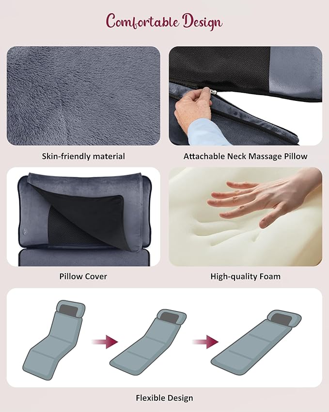 Full Body Massage Mat with Heat, Independent Shiatsu Neck Massager Pillow, 10 Vibration Motors, 5 Modes & 3 Intensities, Foldable Back Massage Pad with 15-Min Auto Off for Home & Office