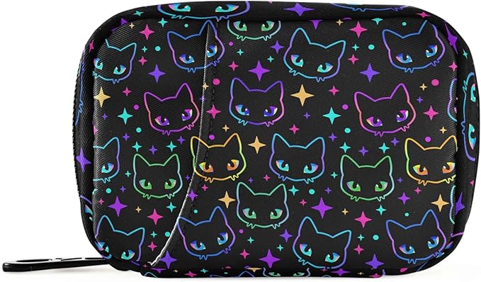 Travel Pill Organizer Bag Weekly Pill Organizer Case Goth Colorful Neon Cat Heads Portable Small Daily Pill Boxes for Vitamin Fish Oils Supplement Holder with Zipper Compact Size