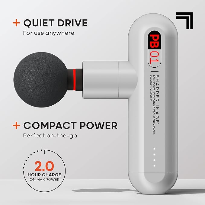 Sharper Image Powerboost Move - Mini Percussion Massage Gun| 4 Attachments, 4 Speeds, FSA Eligible| Full Body Back & Shoulder Massager| Deep Tissue Muscle Recovery| Portable Pain Relief Massage Tool