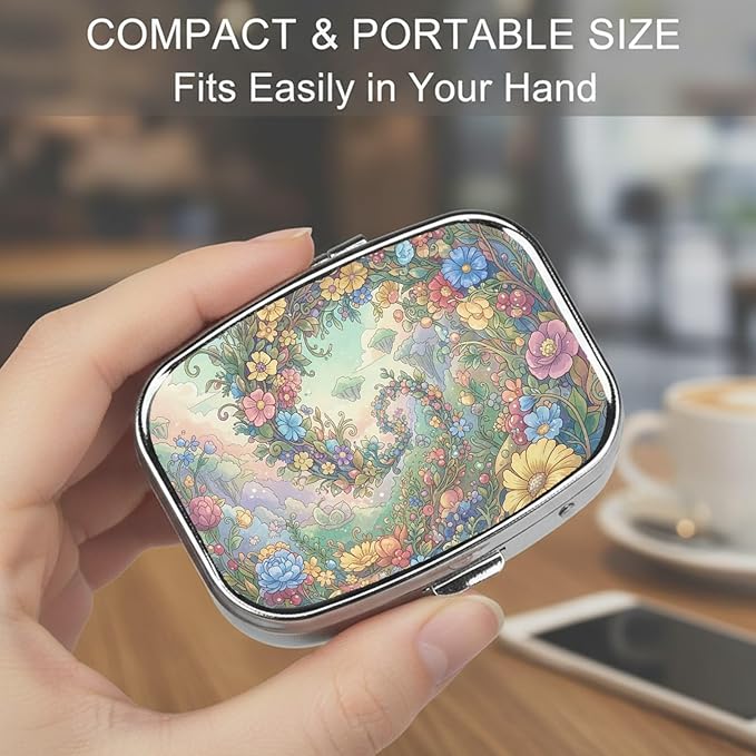 Square Pill Case Small Pill Box with Mirror Pocket 2 Compartment Vitamin Pill Medicine Case Organizer Pill Containers for Traveling Blooming Flower Three